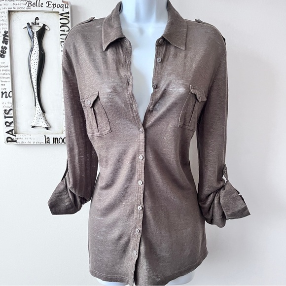 Gerard Darel 100% Linen Mocha Brown Button Down Minimalist Normcore Top Size L - Picture 1 of 10